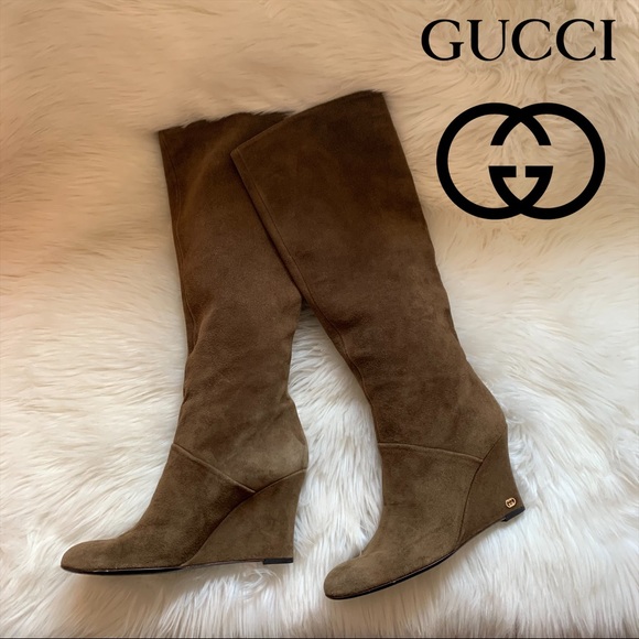 Gucci Shoes - GUCCI Logo Suede Wedge Knee High Boots
